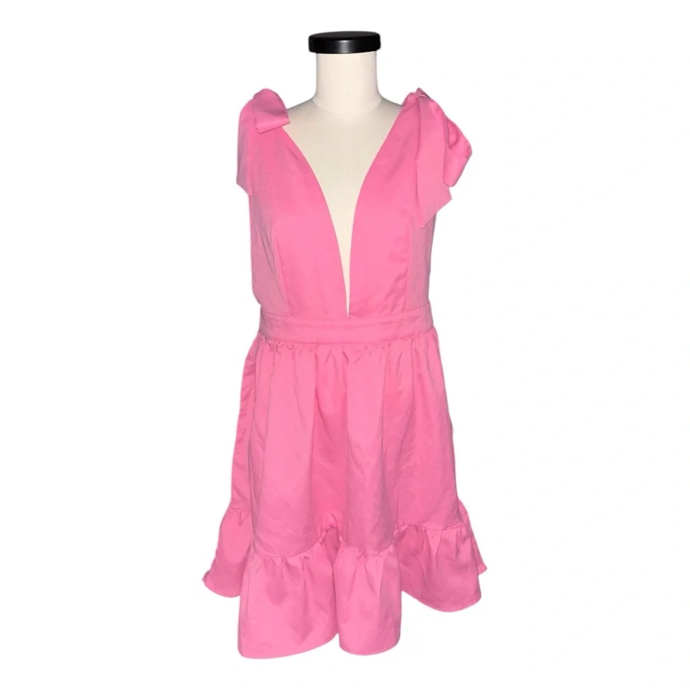pink ruffle dress shein Butterfly Sleeve Ruffle Hem Belted Dress
